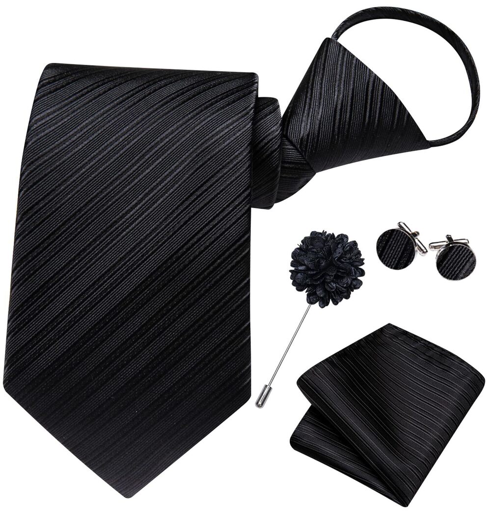 5353 Zipper Ties Black Striped Adjustable Pre-Tied Necktie Lapel Pin Pocket